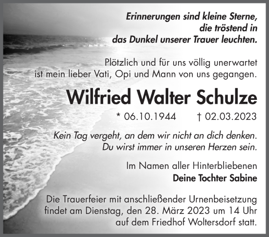 Traueranzeige von Wilfried Walter Schulze von Märkische Oderzeitung