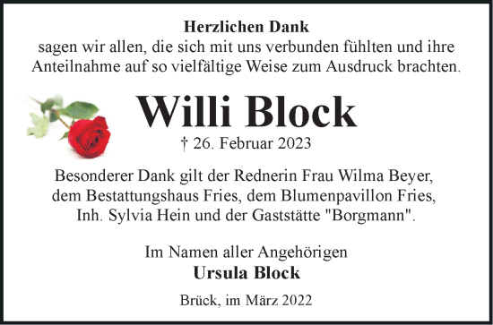 Traueranzeige von Willi Block von Märkische Oderzeitung