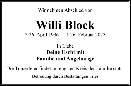 Traueranzeige von Willi Block von Märkische Oderzeitung