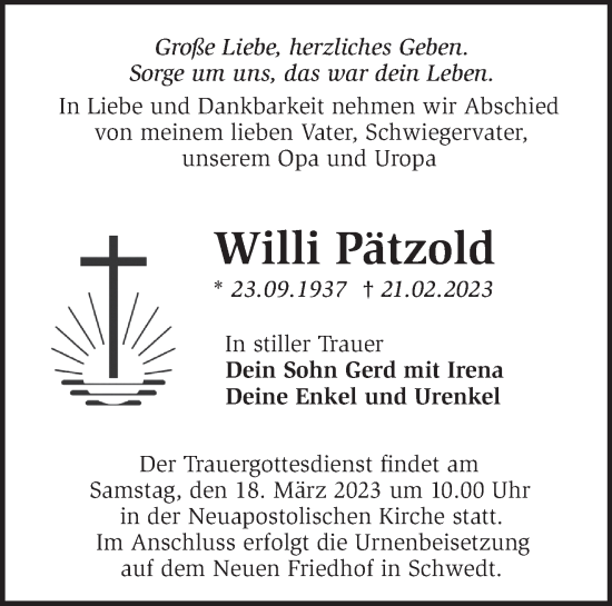 Traueranzeige von Willi Pätzold von Märkische Oderzeitung