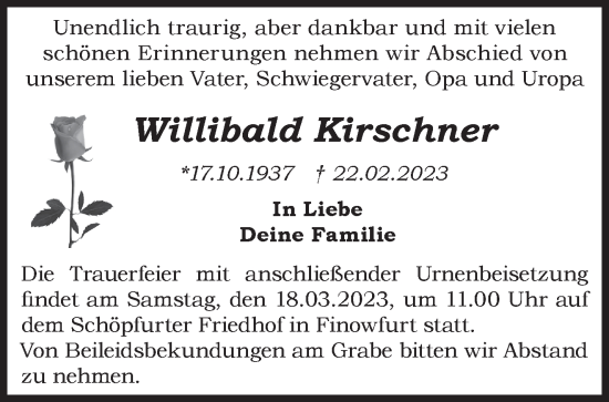 Traueranzeige von Willibald Kirschner von Märkische Oderzeitung