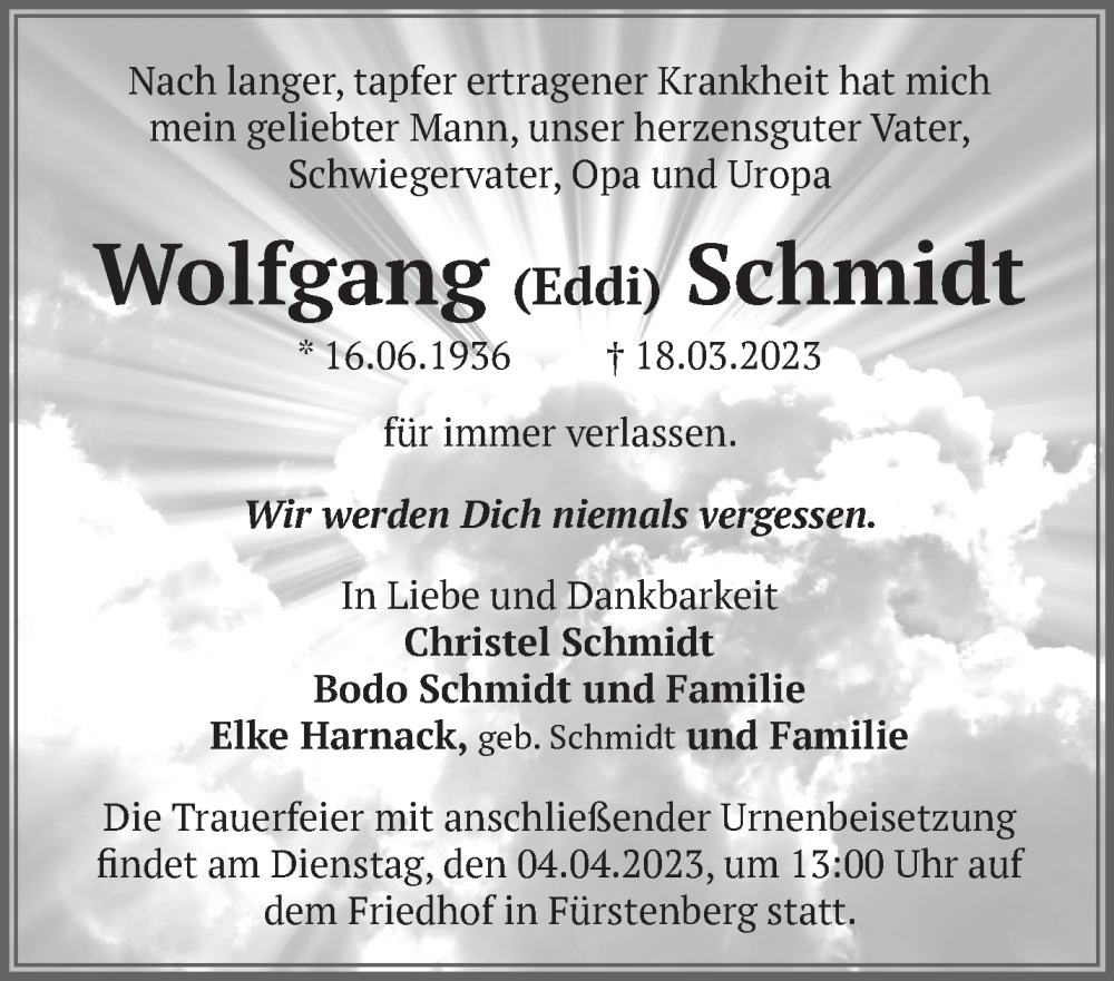  Traueranzeige für Wolfgang Schmidt vom 23.03.2023 aus Märkische Oderzeitung