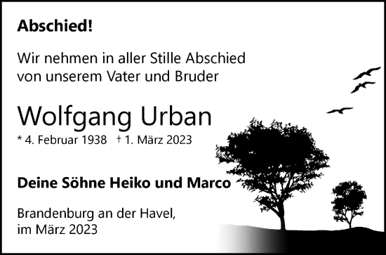 Traueranzeige von Wolfgang Urban von Märkische Oderzeitung