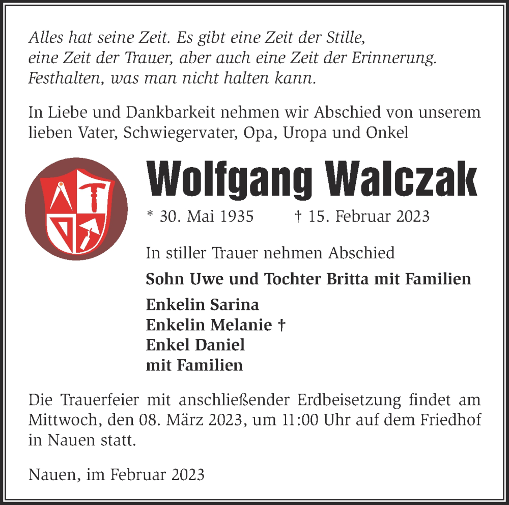  Traueranzeige für Wolfgang Walczak vom 05.03.2023 aus Märkische Oderzeitung