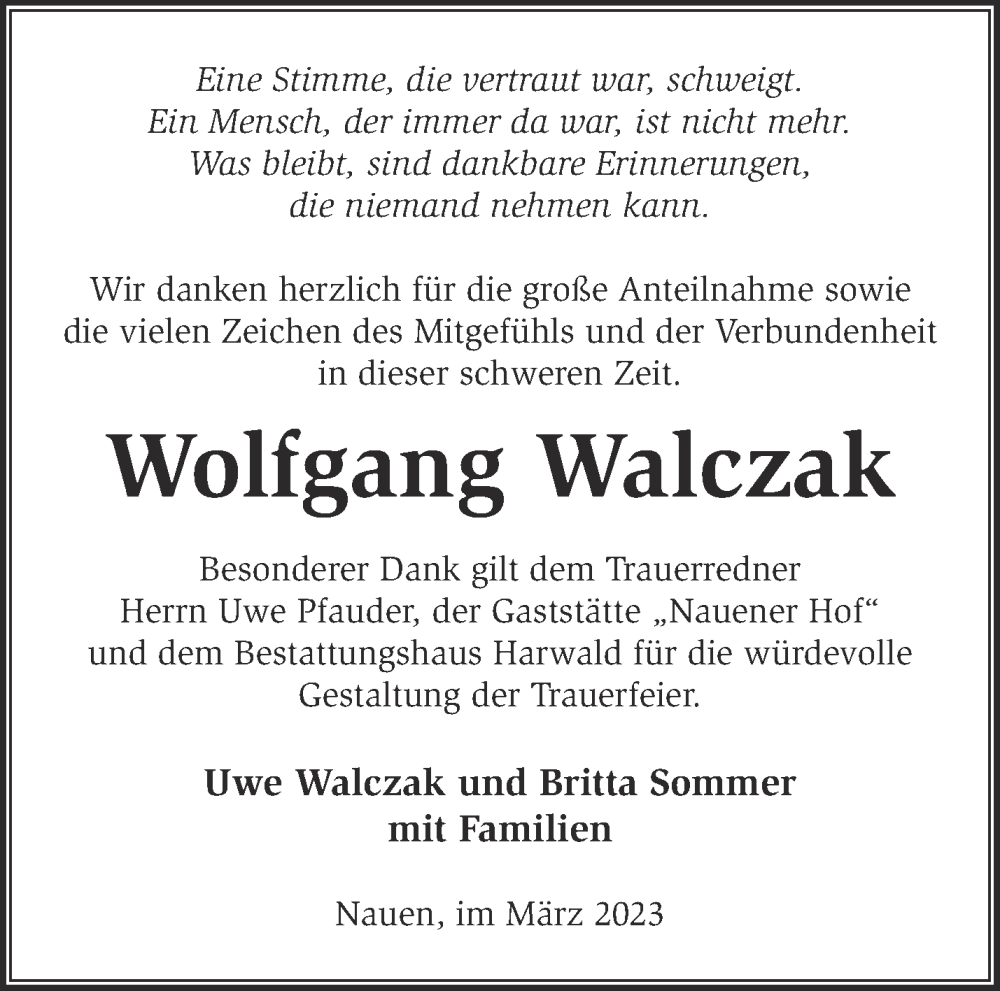  Traueranzeige für Wolfgang Walczak vom 19.03.2023 aus Märkische Oderzeitung