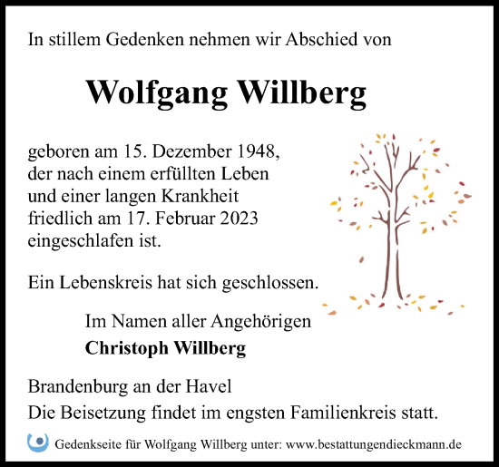 Traueranzeige von Wolfgang Willberg von Märkische Oderzeitung