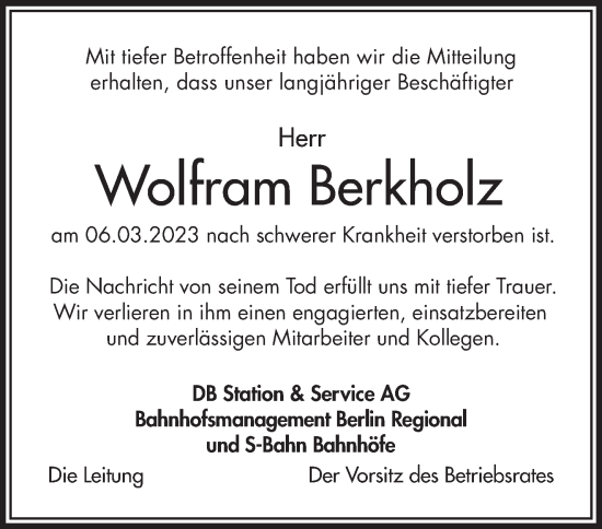 Traueranzeige von Wolfram Berkholz von Märkische Oderzeitung