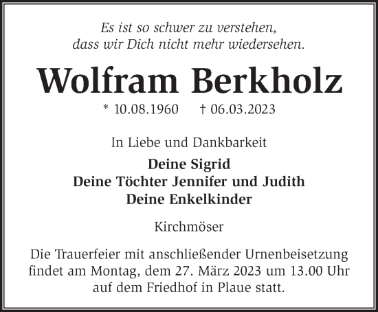 Traueranzeige von Wolfram Berkholz von Märkische Oderzeitung