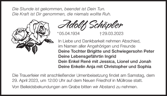 Traueranzeige von Adolf Schäpler von Märkische Oderzeitung