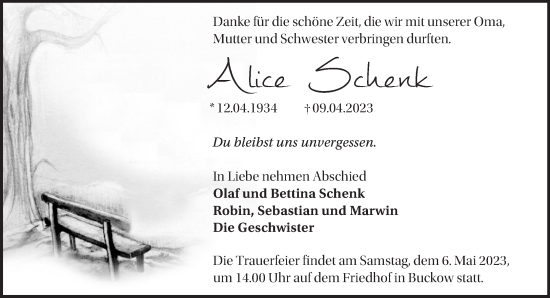 Traueranzeige von Alice Schenk von Märkische Oderzeitung