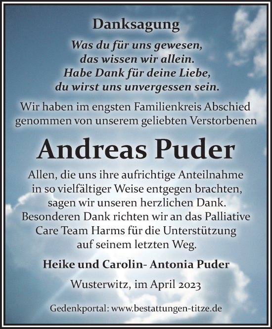 Traueranzeige von Andreas Puder von Märkische Oderzeitung