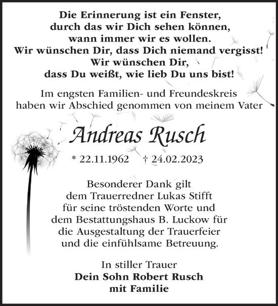Traueranzeige von Andreas Rusch von Märkische Oderzeitung