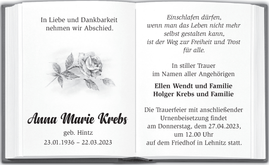 Traueranzeige von Anna Marie Krebs von Märkische Oderzeitung