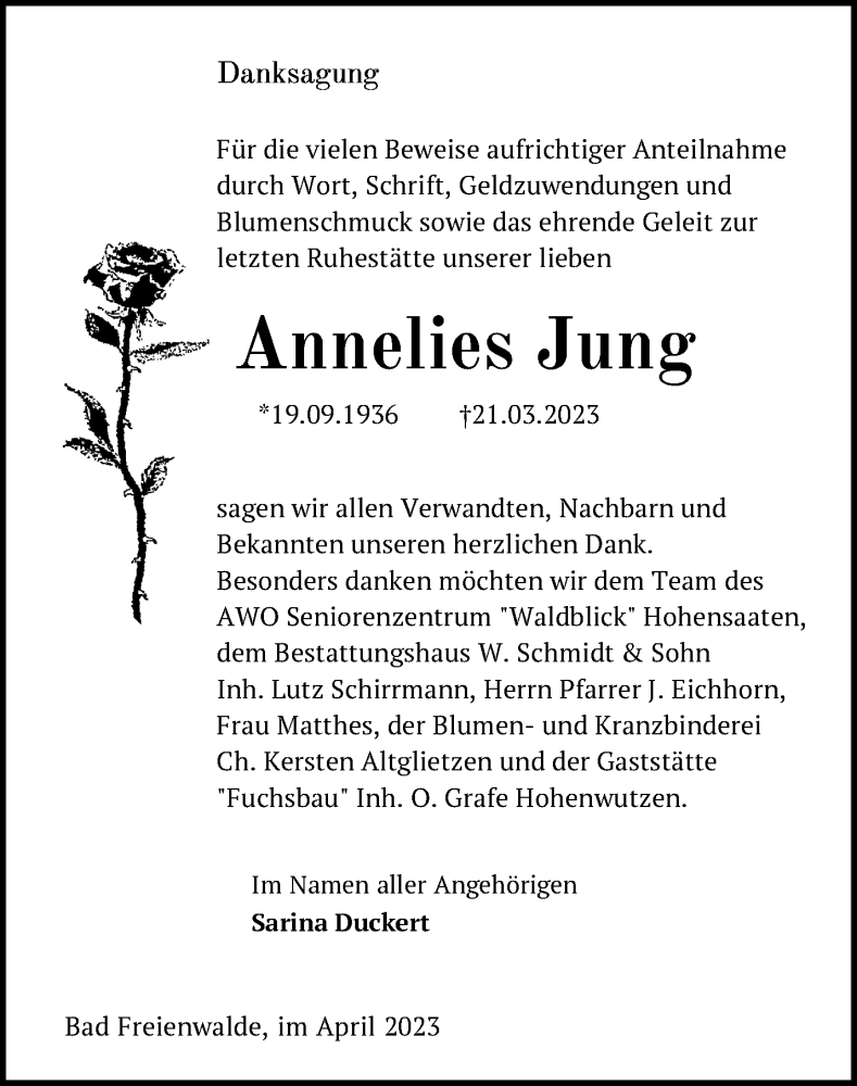  Traueranzeige für Annelies Jung vom 14.04.2023 aus Märkische Oderzeitung