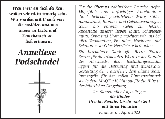 Traueranzeige von Anneliese Podschadel von Märkische Oderzeitung