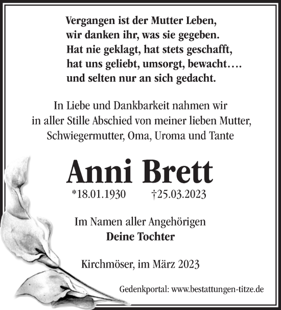 Traueranzeige von Anni Brett von Märkische Oderzeitung