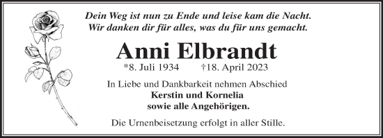 Traueranzeige von Anni Elbrandt von Märkische Oderzeitung