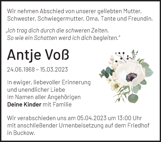 Traueranzeige von Antje Voß von Märkische Oderzeitung