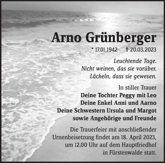 Traueranzeige von Arno Grünberger von Märkische Oderzeitung