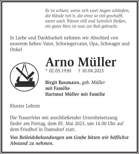 Traueranzeige von Arno Müller von Märkische Oderzeitung