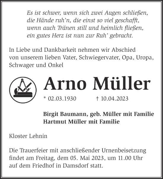 Traueranzeige von Arno Müller von Märkische Oderzeitung