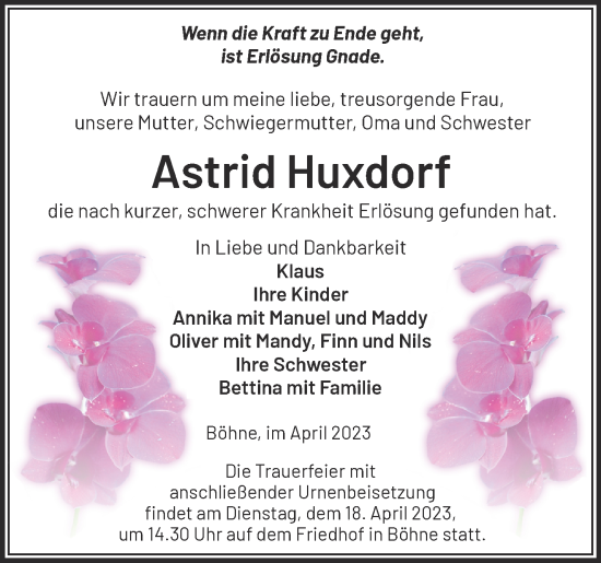 Traueranzeige von Astrid Huxdorf von Märkische Oderzeitung