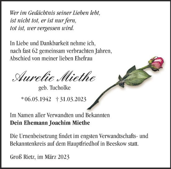 Traueranzeige von Aurelie Miethe von Märkische Oderzeitung