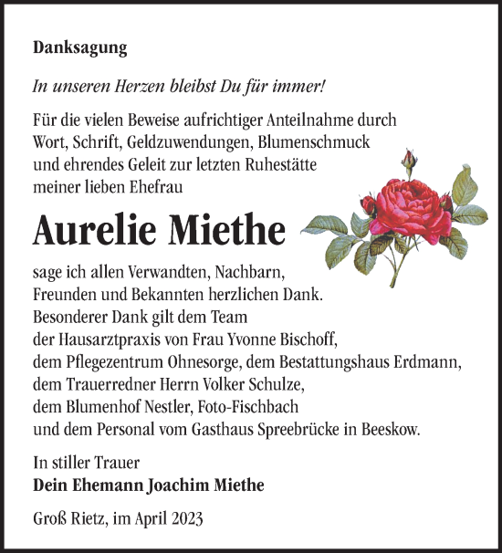 Traueranzeige von Aurelie Miethe von Märkische Oderzeitung