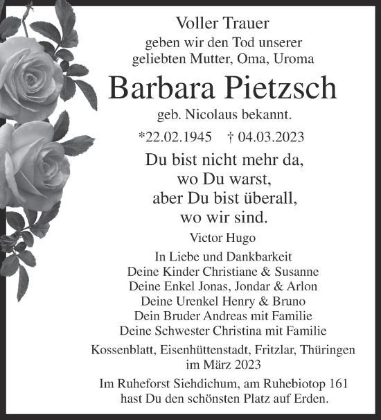 Traueranzeige von Barbara Pietzsch von Märkische Oderzeitung