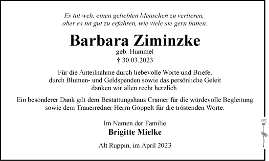 Traueranzeige von Barbara Ziminzke von Märkische Oderzeitung