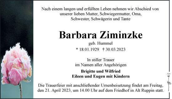 Traueranzeige von Barbara Ziminzke von Märkische Oderzeitung