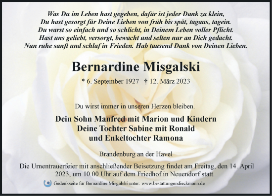 Traueranzeige von Bernardine Misgalski von Märkische Oderzeitung