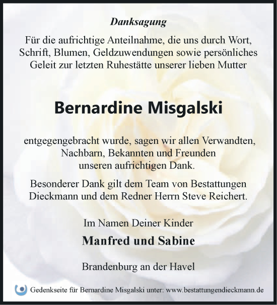 Traueranzeige von Bernardine Misgalski von Märkische Oderzeitung