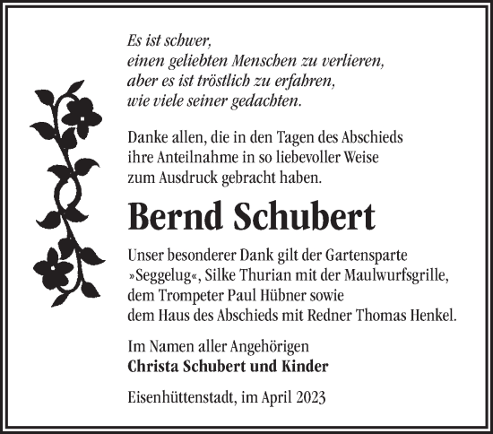 Traueranzeige von Bernd Schubert von Märkische Oderzeitung