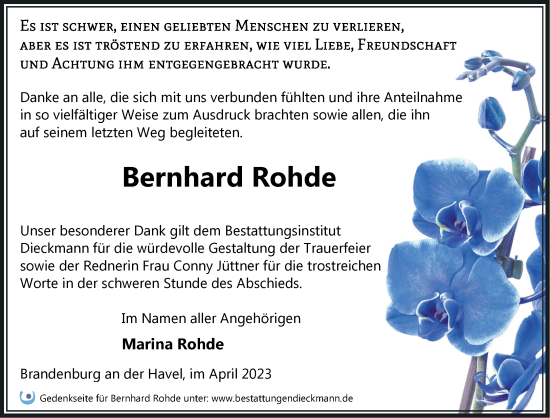 Traueranzeige von Bernhard Rohde von Märkische Oderzeitung