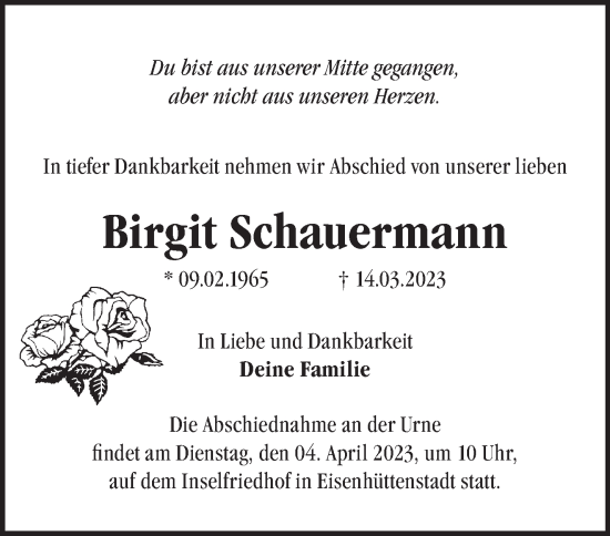 Traueranzeige von Birgit Schauermann von Märkische Oderzeitung