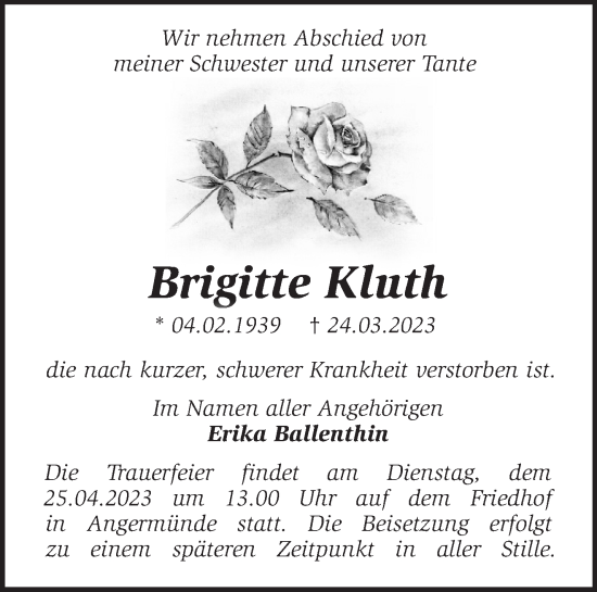 Traueranzeige von Brigitte Kluth von Märkische Oderzeitung