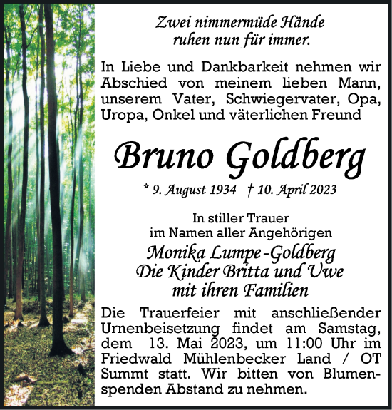 Traueranzeige von Bruno Goldberg von Märkische Oderzeitung