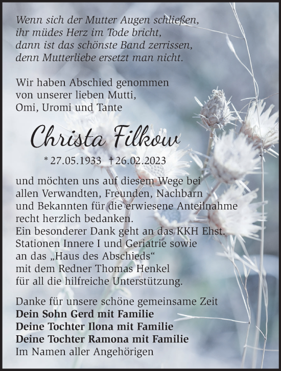 Traueranzeige von Christa Filkow von Märkische Oderzeitung