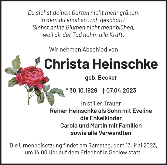 Traueranzeigen Von Christa Heinschke Märkische Onlinezeitung Trauerportal 