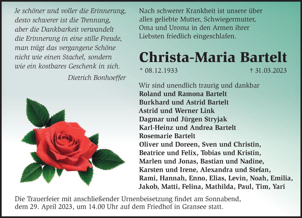 Traueranzeigen Von Christa Maria Bartelt Märkische Onlinezeitung Trauerportal 