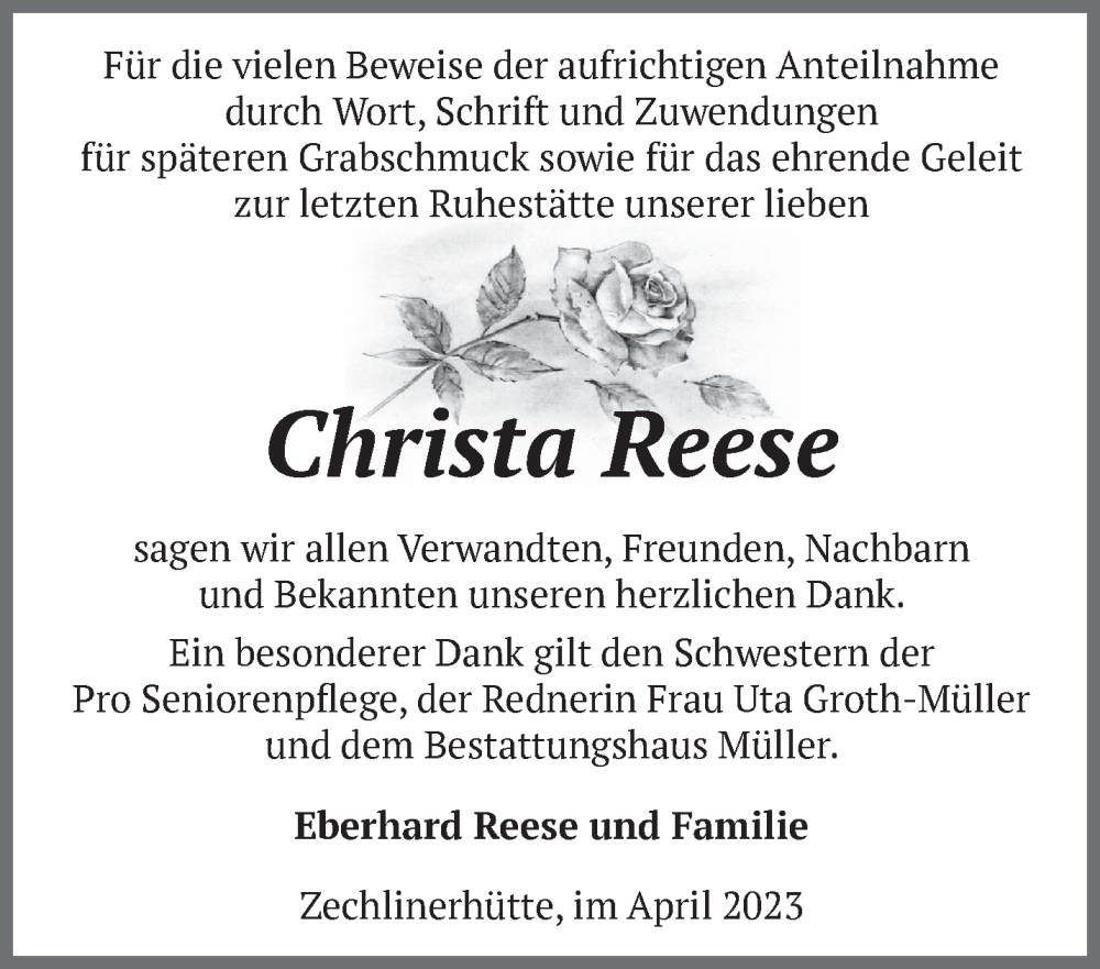  Traueranzeige für Christa Reese vom 14.04.2023 aus Märkische Oderzeitung
