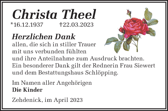 Traueranzeigen Von Christa Theel Märkische Onlinezeitung Trauerportal 