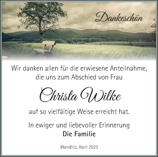 Traueranzeige von Christa Wilke von Märkische Oderzeitung