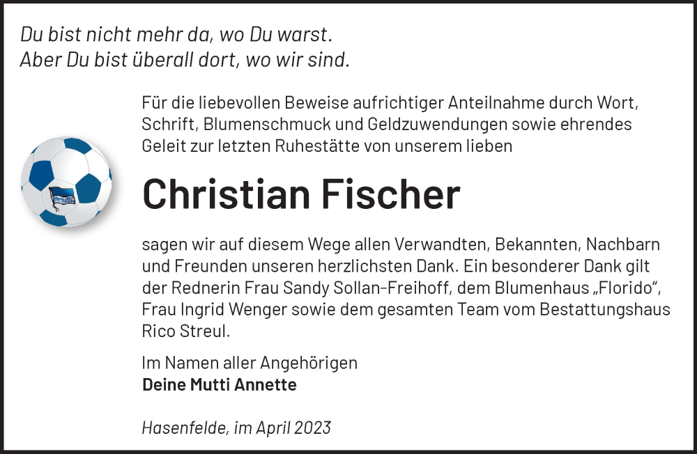  Traueranzeige für Christian Fischer vom 16.04.2023 aus Märkische Oderzeitung