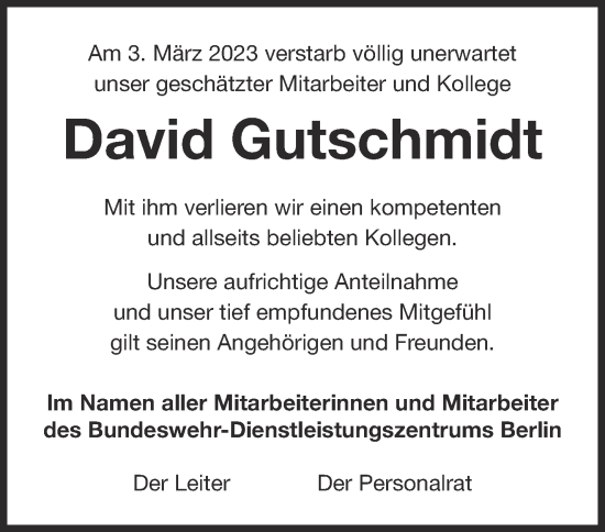 Traueranzeige von David Gutschmidt von Märkische Oderzeitung