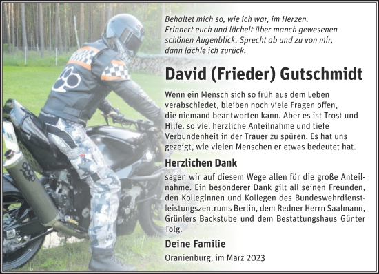 Traueranzeige von David Gutschmidt von Märkische Oderzeitung