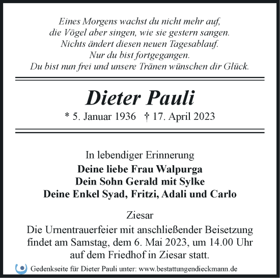 Traueranzeige von Dieter Pauli von Märkische Oderzeitung