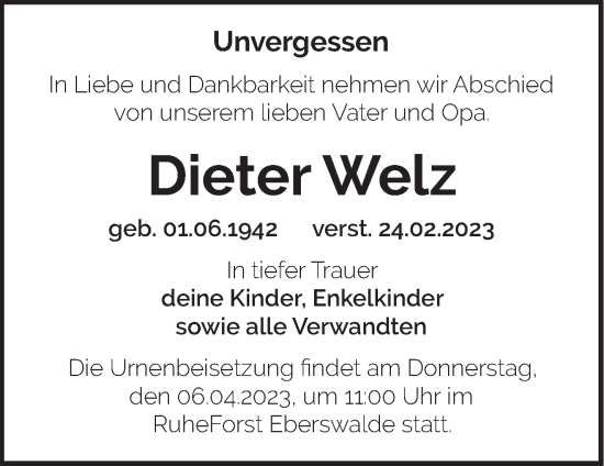 Traueranzeige von Dieter Wetz von Märkische Oderzeitung