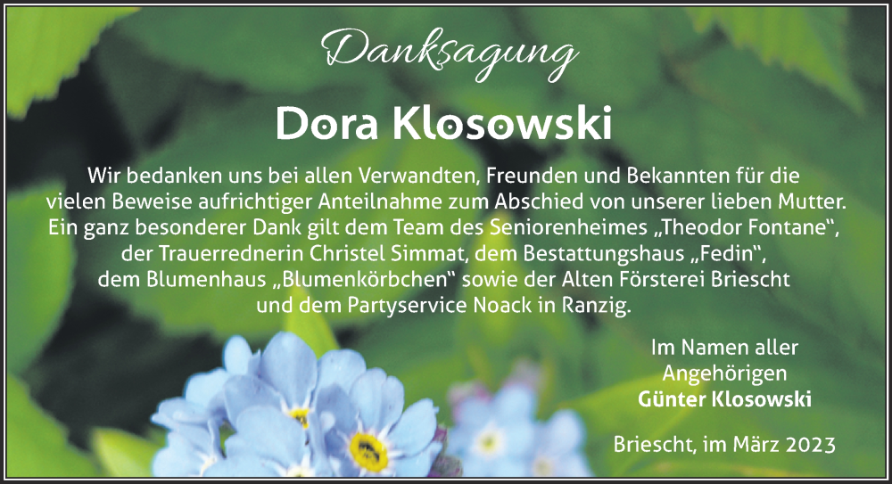  Traueranzeige für Dora Klosowski vom 22.04.2023 aus Märkische Oderzeitung